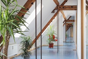 An interior with a sloped ceiling, wooden beams, and potted plants. - MILCHHOF apartments (Aschaffenburg)