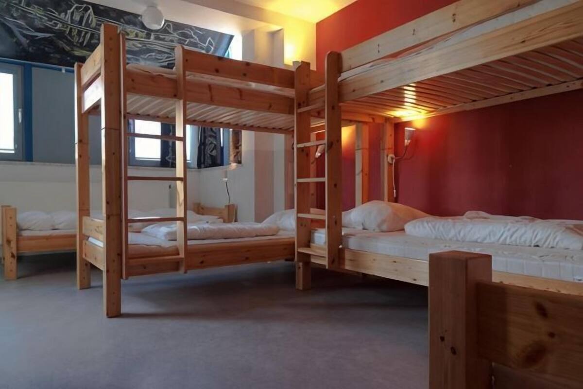 Une chambre avec un lit superposé, une échelle, une fenêtre et un mur rouge.
