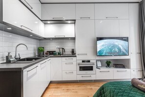 City Studio Suite, 1 Queen Bed | Private kitchen | Full-sized fridge, stovetop, dishwasher, espresso maker