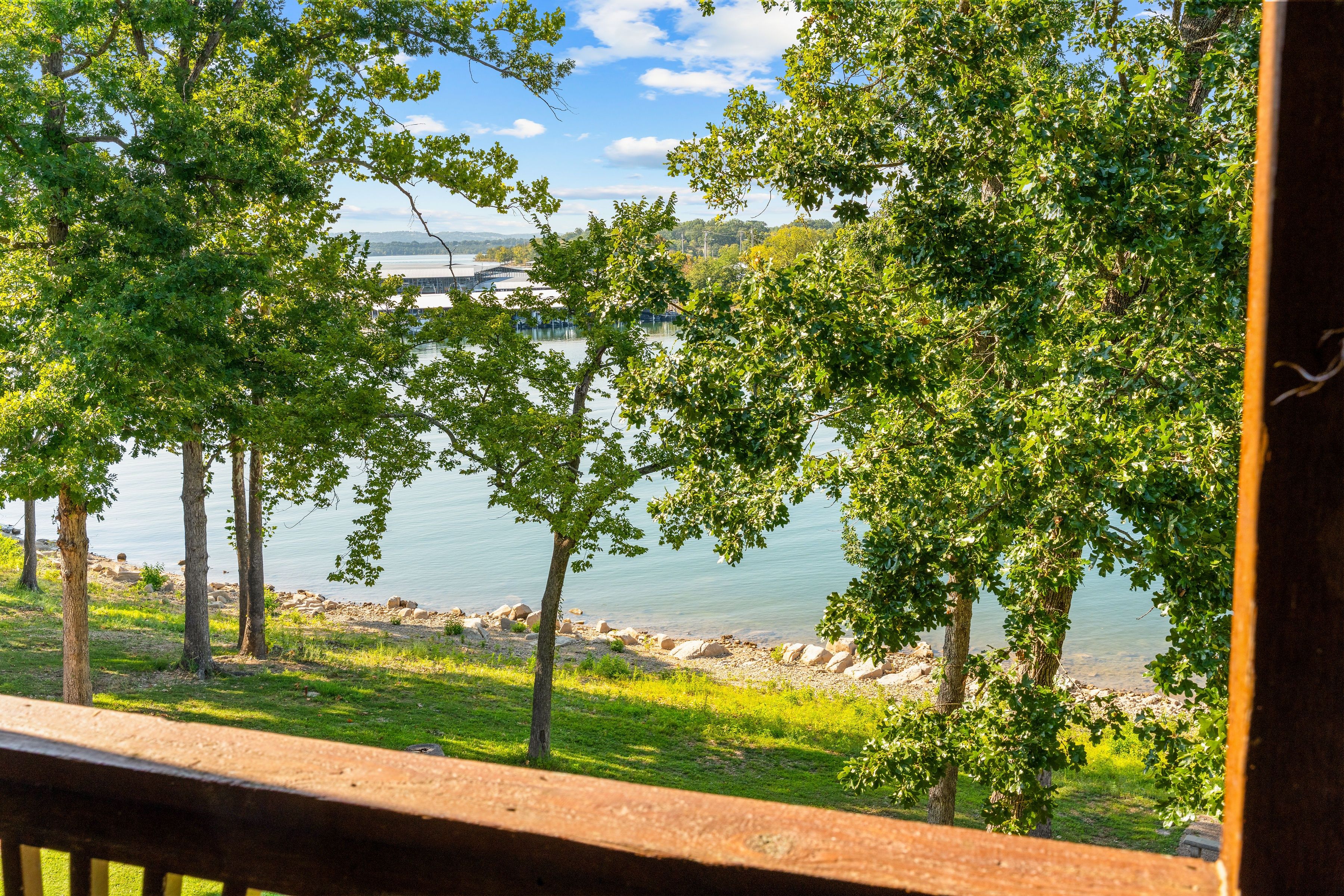 A lakeside view with trees and a wooden deck.