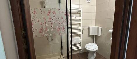 Un baño con cabina de ducha de vidrio, inodoro y perchero para toallas.