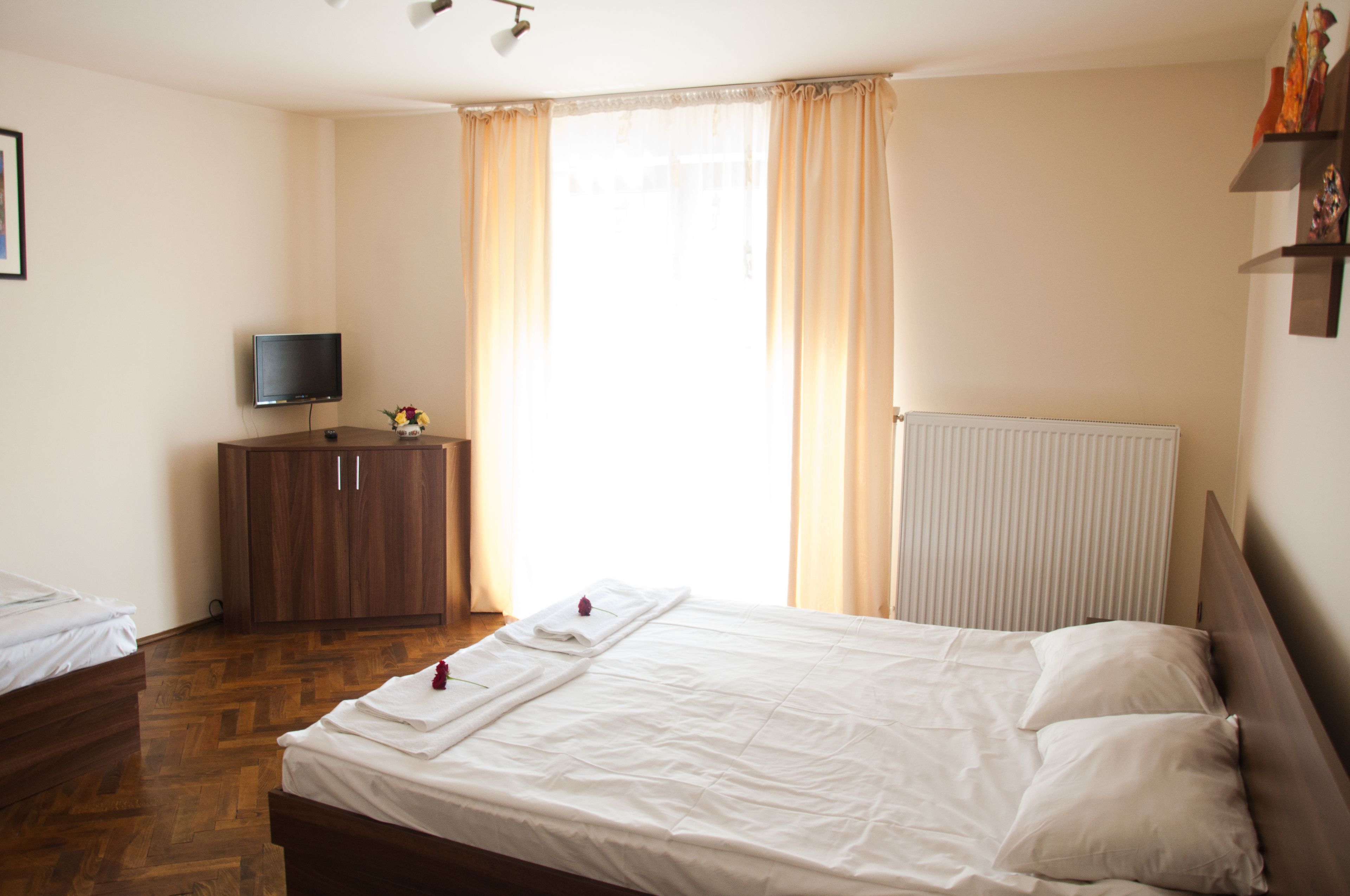 A hotel room with a wooden bed, a small TV on a wooden cabinet, and a radiator.