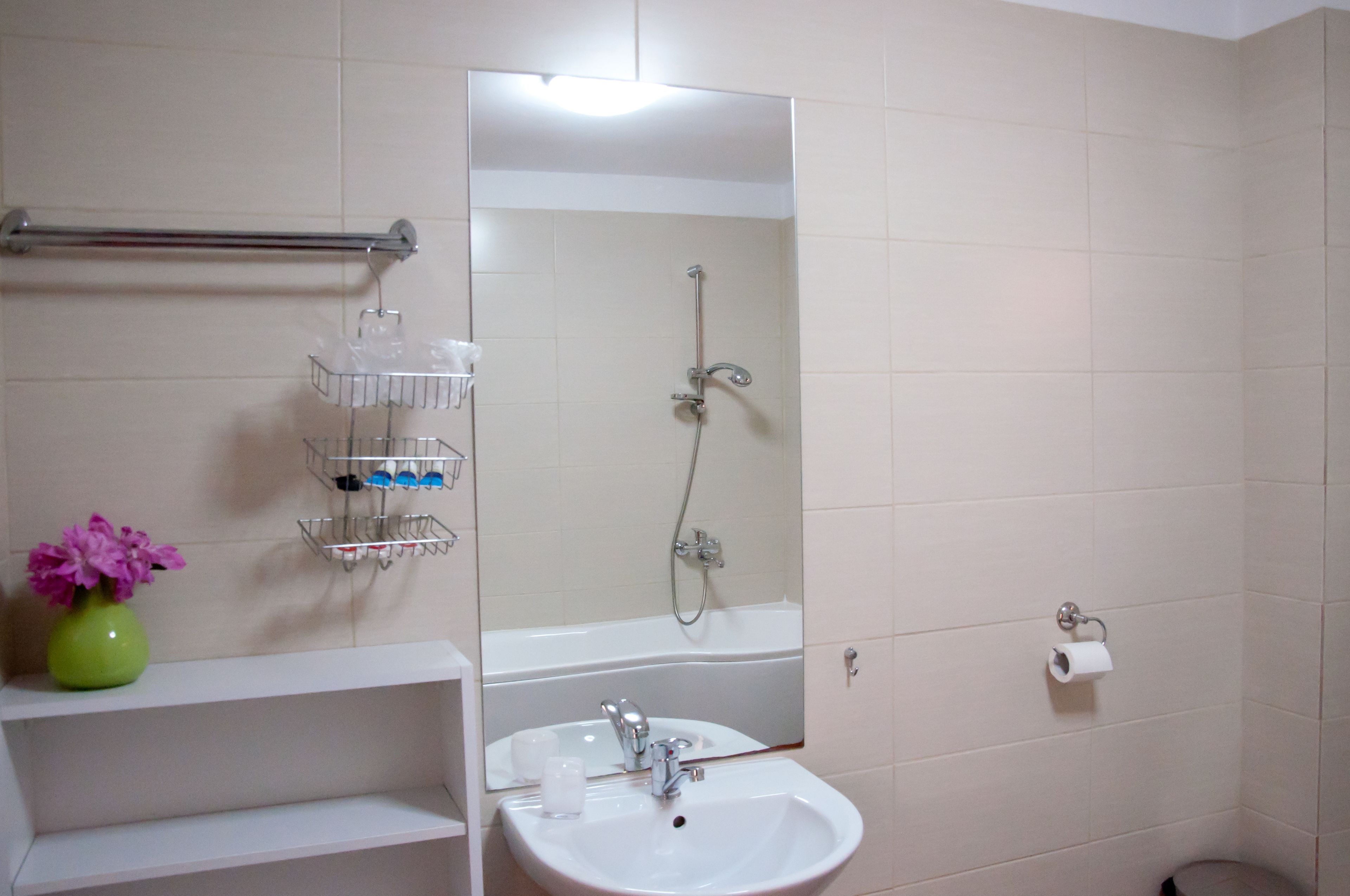 Une salle de bain avec un lavabo blanc, un miroir, une douche et des toilettes.
