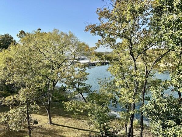 Vista de un lago con árboles y un muelle que se adentra en el agua.