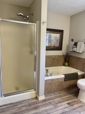 Une salle de bain avec une douche à parois de verre, une baignoire sur pieds et des toilettes.