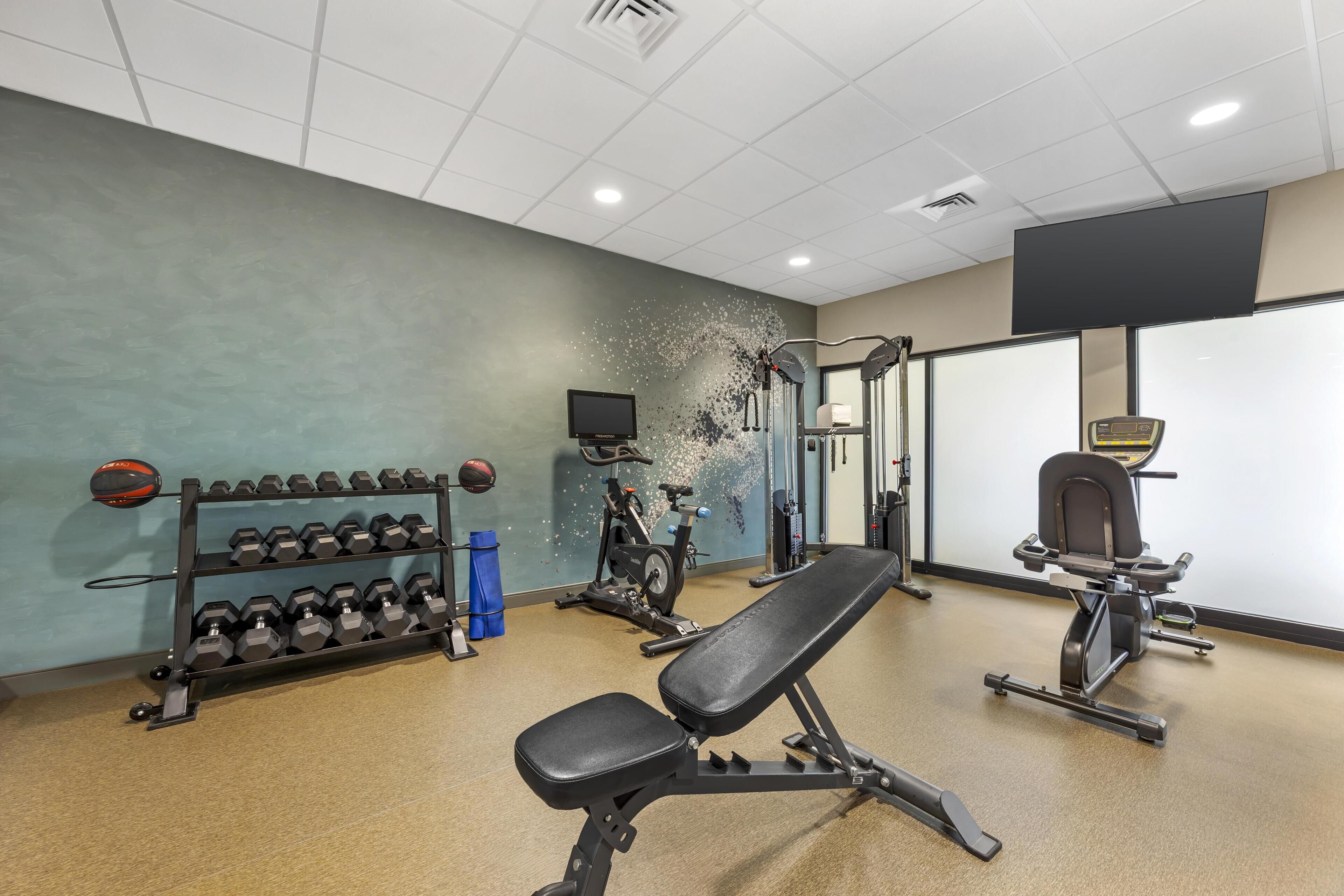 Une salle de sport équipée d’un banc, d’haltères, d’un vélo d’appartement et d’un tapis de course.