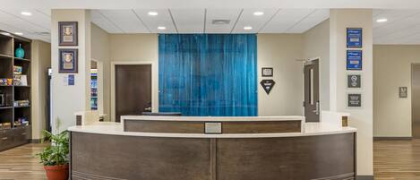 A reception area with a curved reception desk, a blue curtain, framed pictures on the wall, and a potted plant.