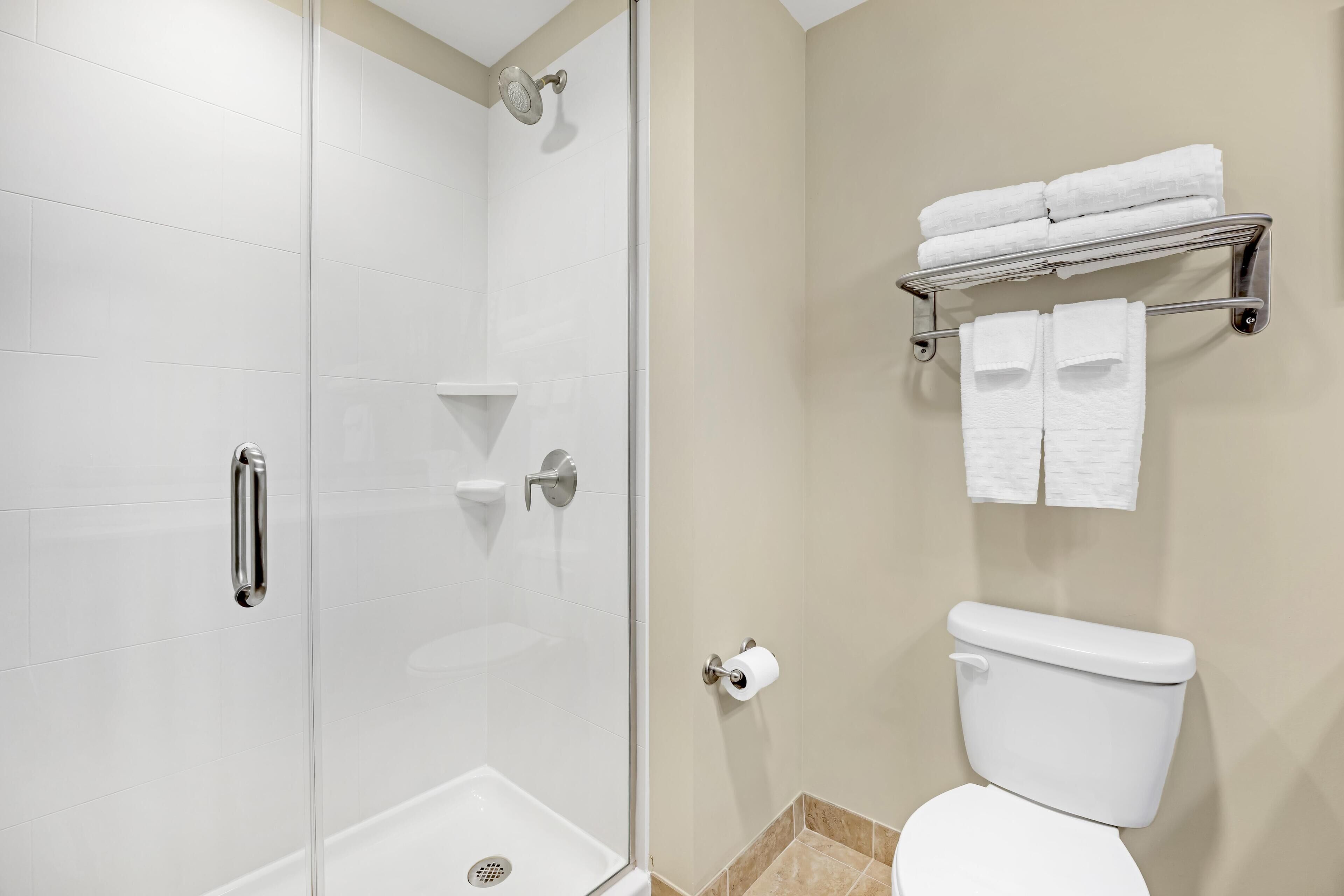 A bathroom with a glass-enclosed shower, a toilet, and a towel rack with folded towels.