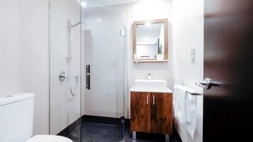 Shower, free toiletries, hair dryer, towels