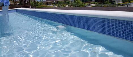 A swimming pool with clear blue water, a wooden deck, and a tiled wall.