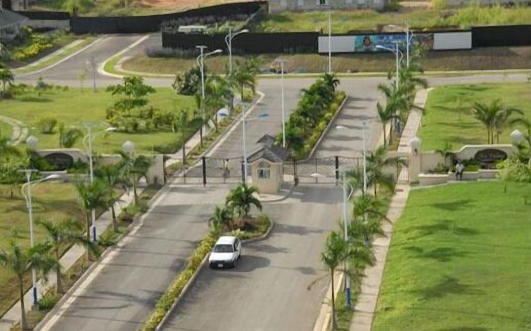 A road with a white car, surrounded by greenery and palm trees.