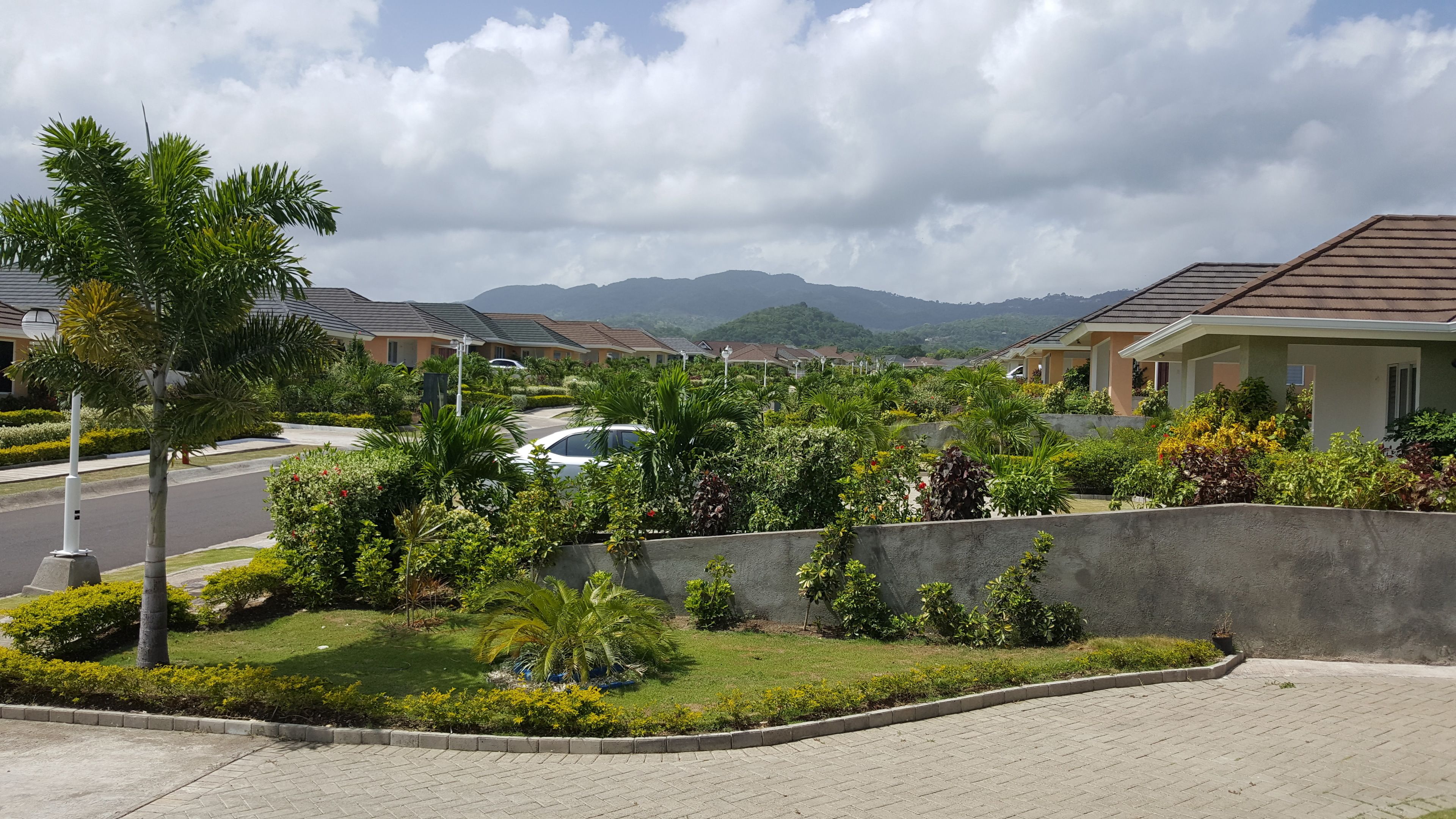 A residential area with houses, a road, and a mountain range in the background.