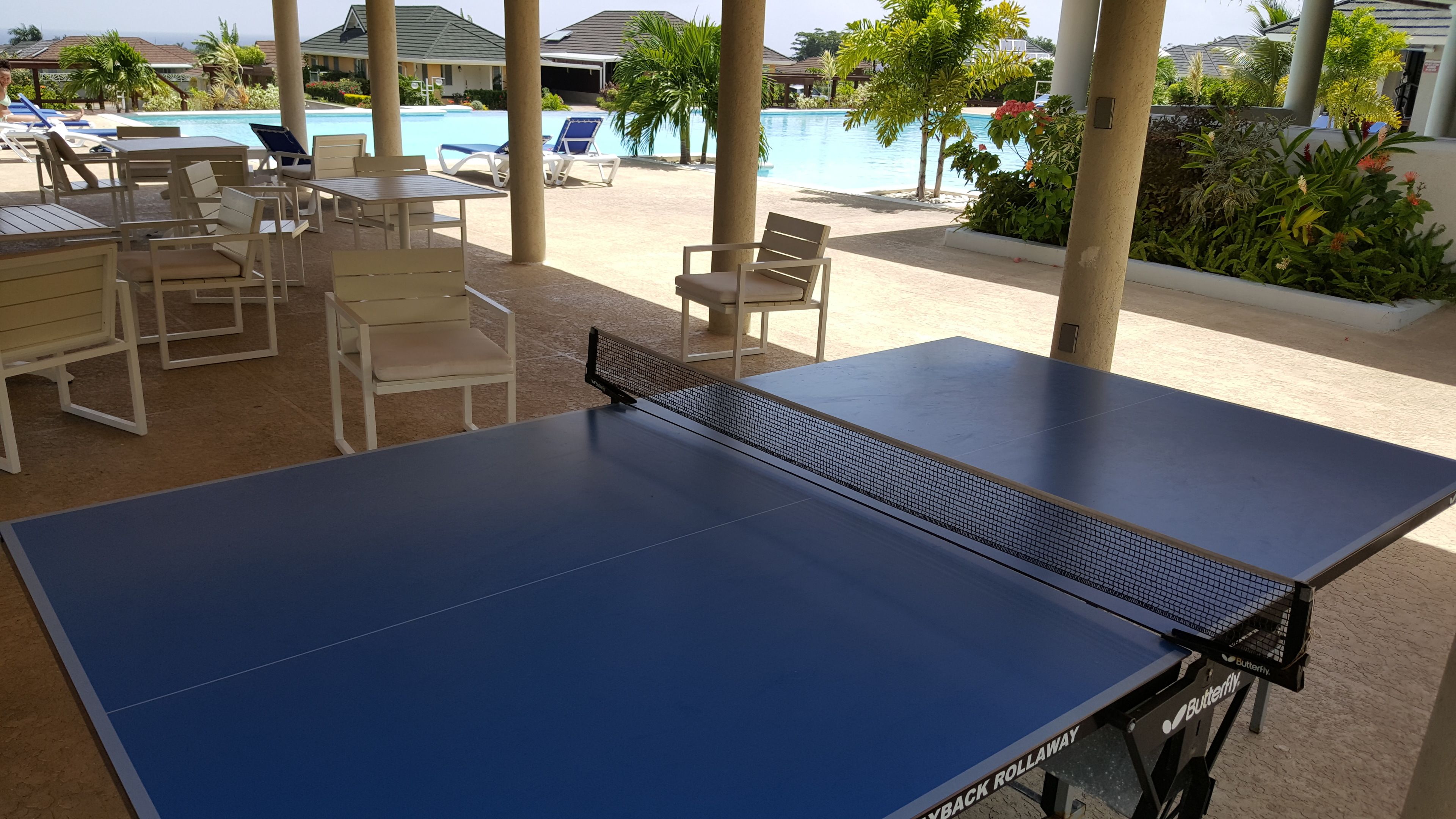 A table tennis table with a Butterfly brand net in a resort setting with lounge chairs and a pool in the background.