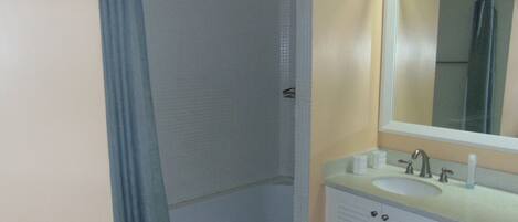 Une salle de bain avec une douche, un lavabo et un miroir.