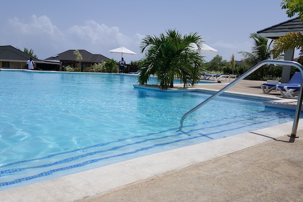Outdoor pool, pool umbrellas, pool loungers