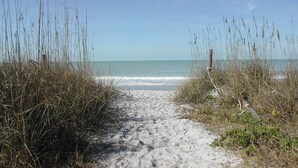 Een zandpad langs het strand dat naar de oceaan leidt, omringd door hoge grassen.