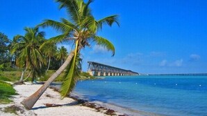 A beach with palm trees and a bridge in the background. - Dock, Htd 80' Pool, Deep Channel, 15 Min To Key West  (Cudjoe Key)