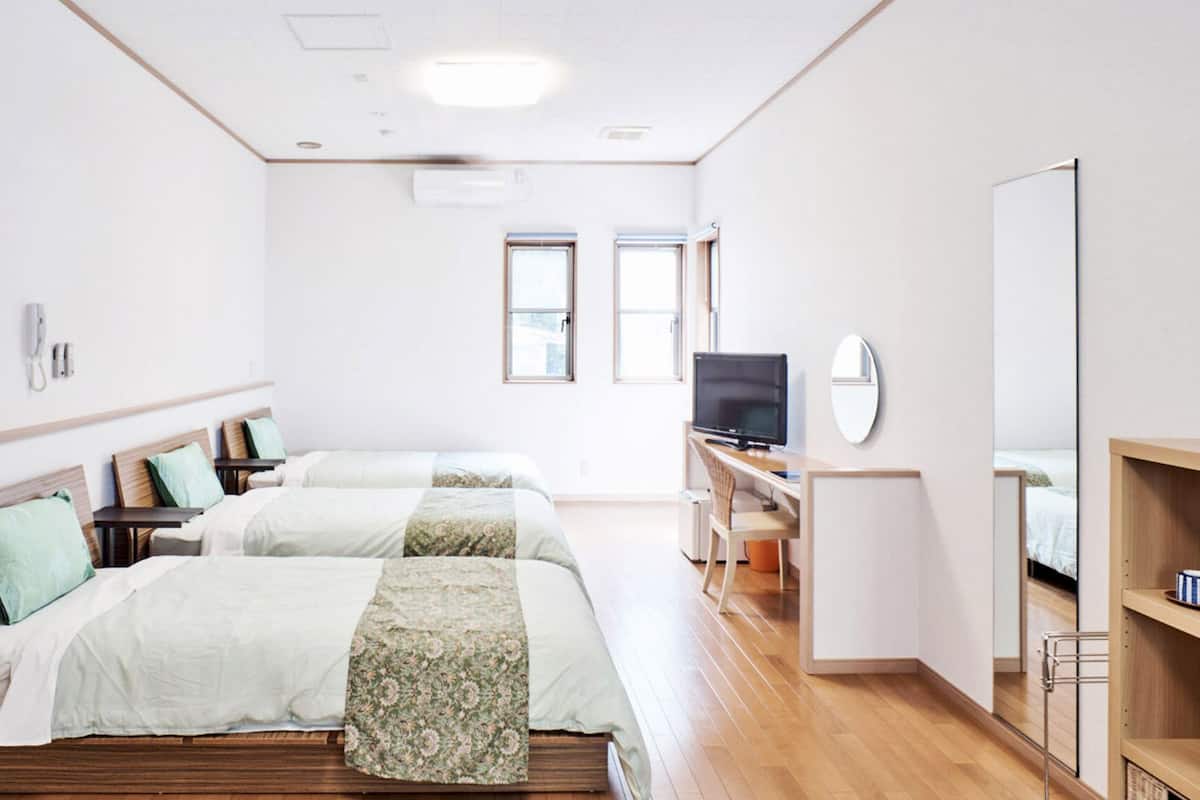 A hotel room with two beds, a desk with a computer, a mirror, and a TV.