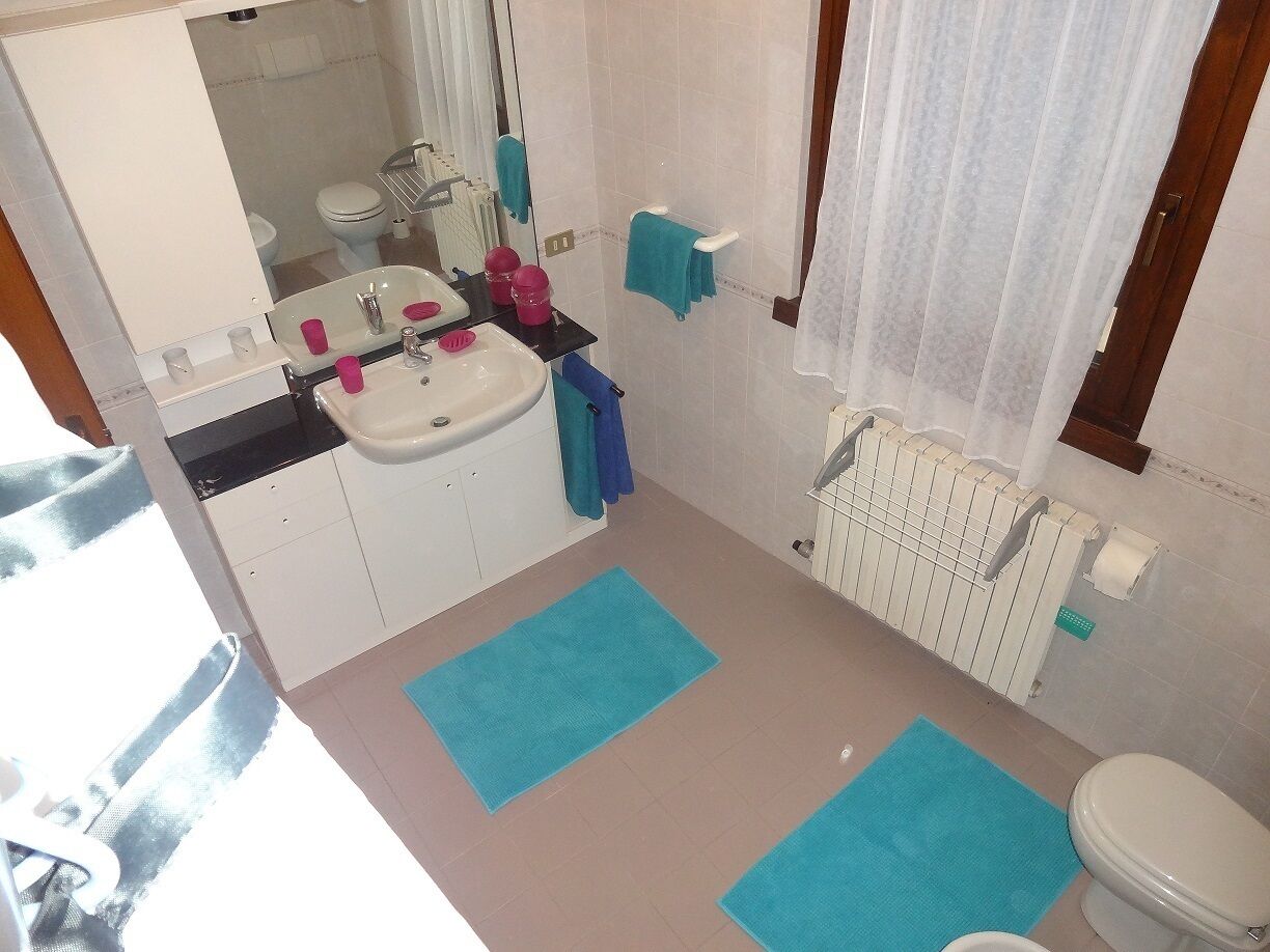A bathroom with a sink, mirror, toilet, and a radiator. There are two blue mats on the floor.