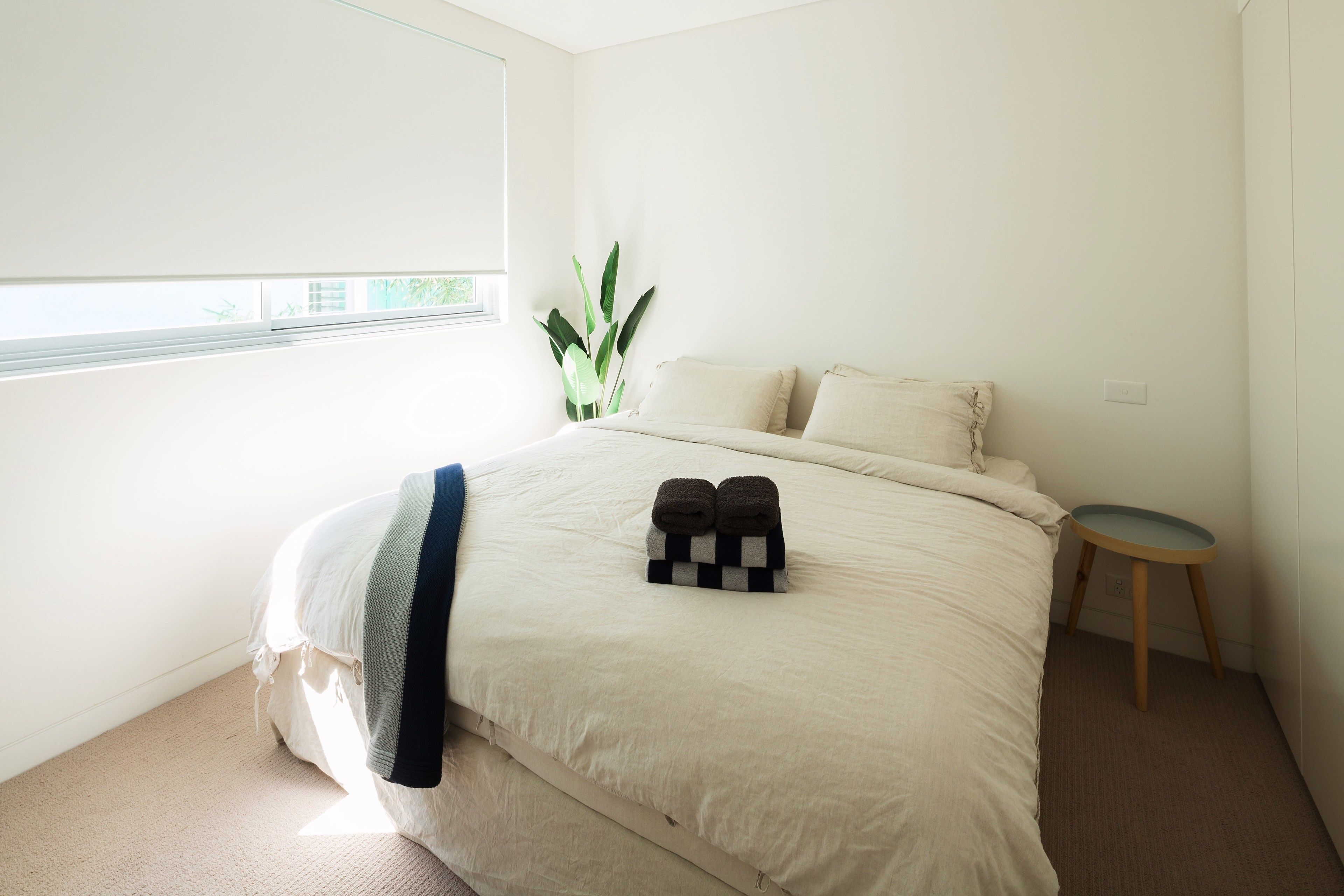 Une chambre avec un lit, une petite table ronde et une plante en pot.