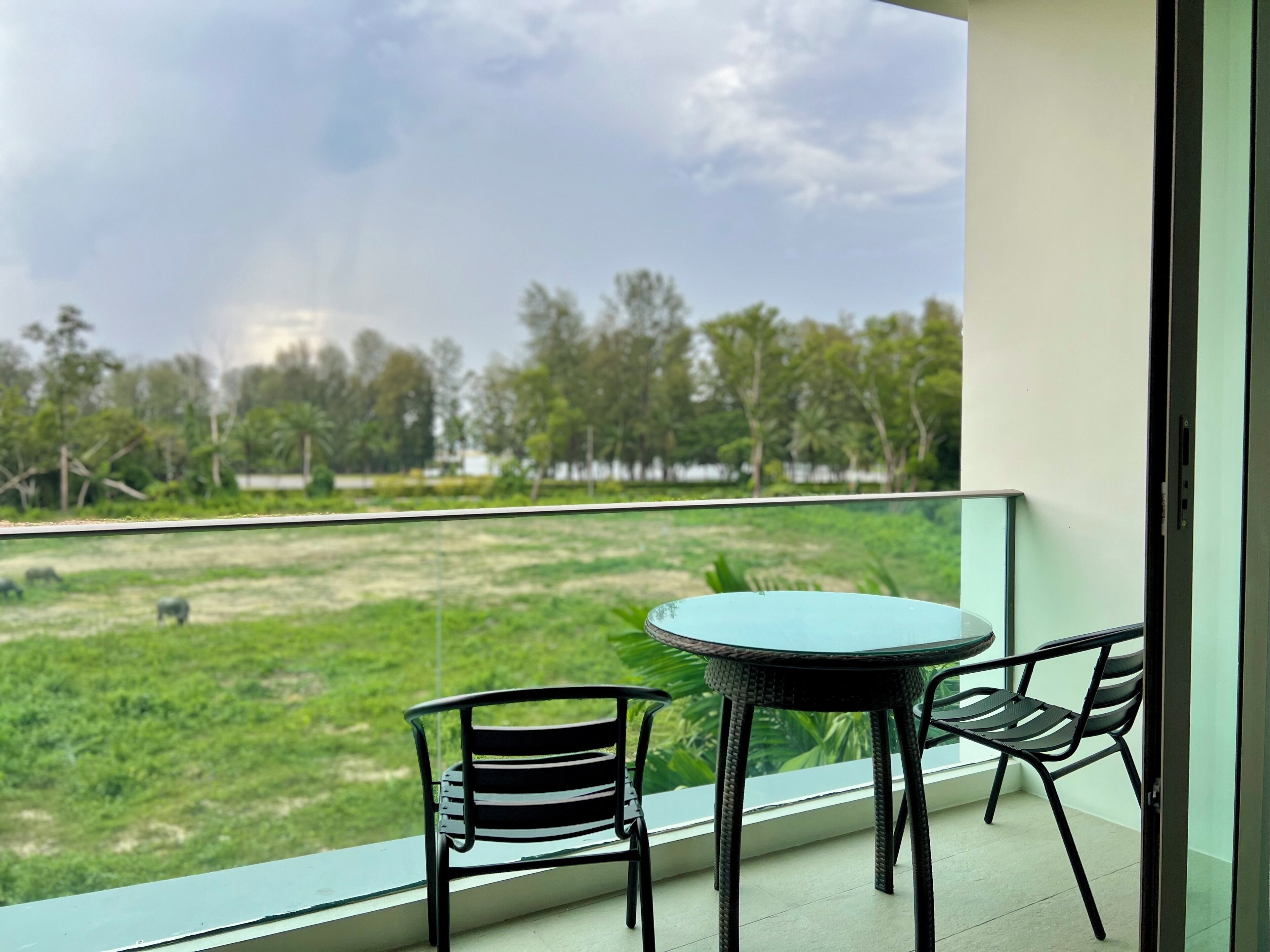 Un balcón con una mesa redonda y dos sillas, con vista a un área verde con árboles y una masa de agua.