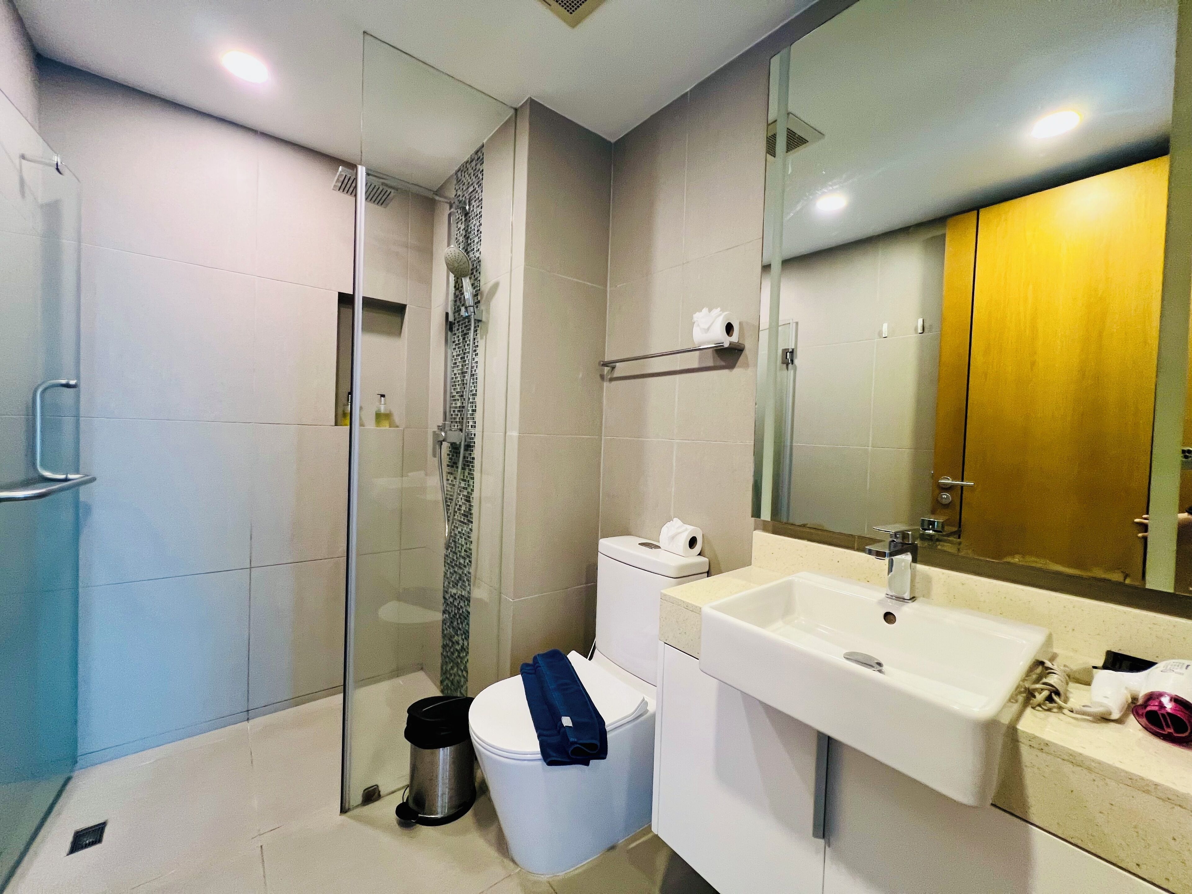 A modern bathroom with a glass-enclosed shower, a white toilet, a sink with a mirror, and a trash bin.