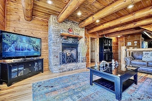 Smart TV, fireplace, video games, DVD player