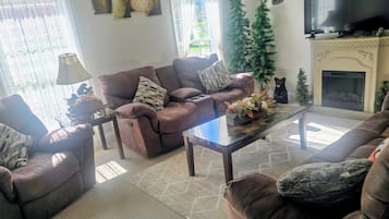 Smart TV, fireplace, books, stereo