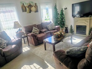 Smart TV, fireplace, books, stereo