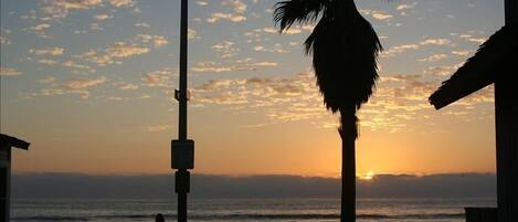 On the beach, sun-loungers, beach towels
