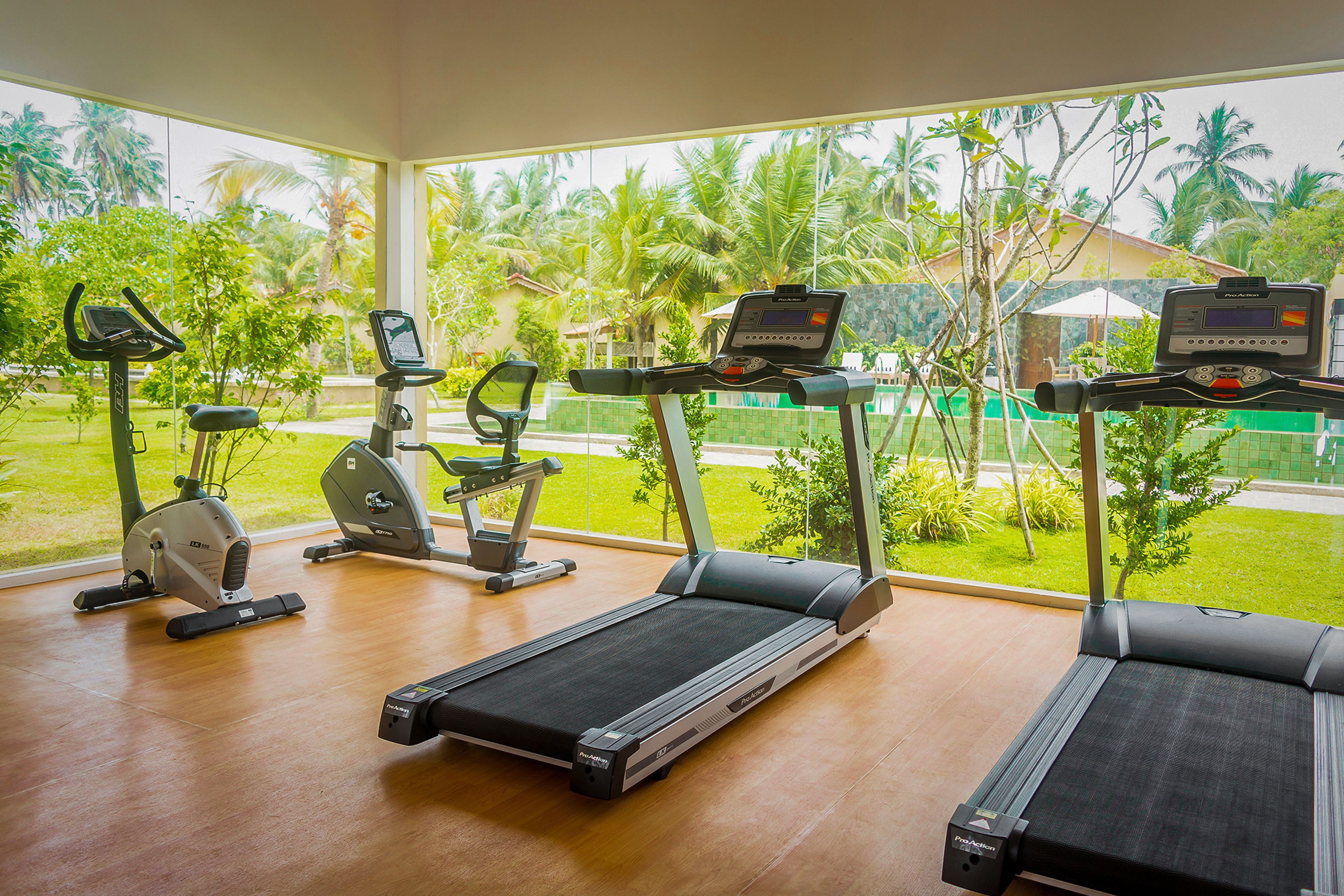 A gym with various exercise equipment, including treadmills and stationary bikes, with a view of palm trees and a house in the background.