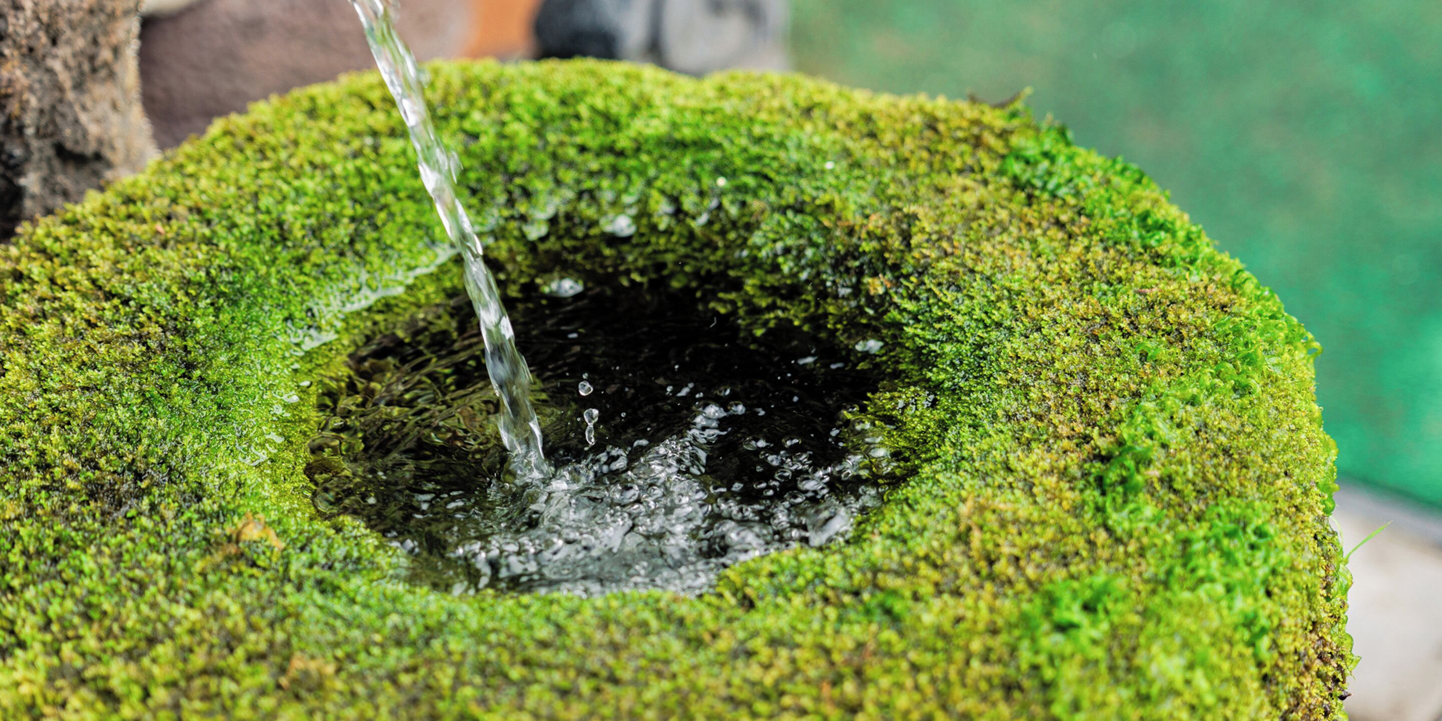 Un cuenco de piedra cubierto de musgo con agua fluyendo.