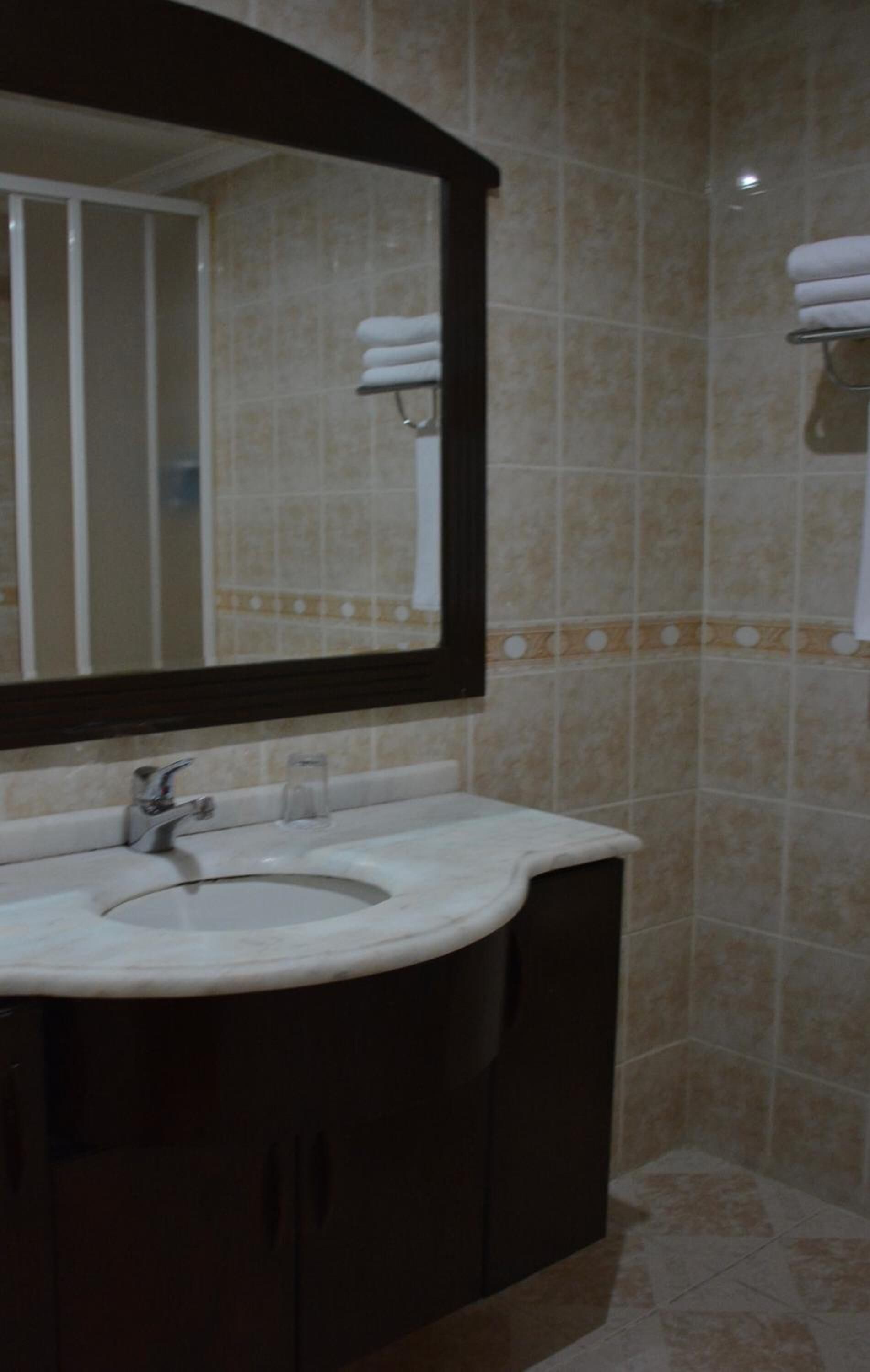 Une salle de bain équipée d’un lavabo, d’un miroir et d’un porte-serviettes.