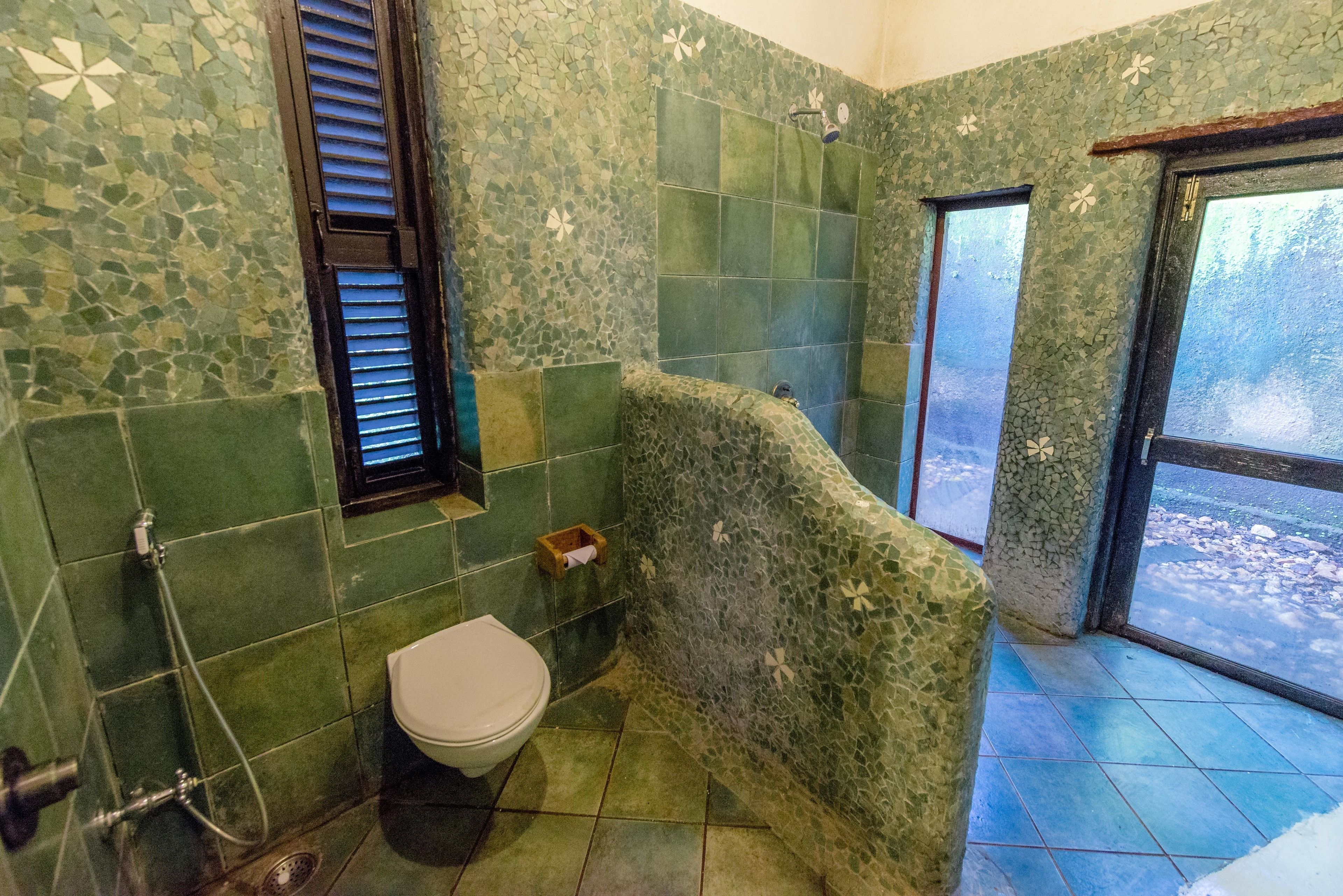 Casa de banho com azulejos verdes em mosaico, sanita, chuveiro e janela.