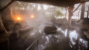 A hot spring area with rocks and a wooden structure. - Yamashinobu (Minamioguni)