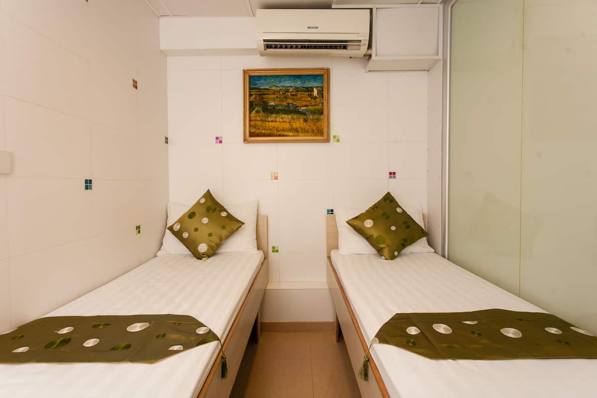 Une chambre avec deux lits simples, un tableau au mur et un appareil de climatisation fixé au plafond.