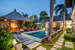 Outdoor pool, pool umbrellas, pool loungers