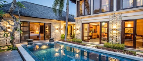 Outdoor pool, pool umbrellas, pool loungers