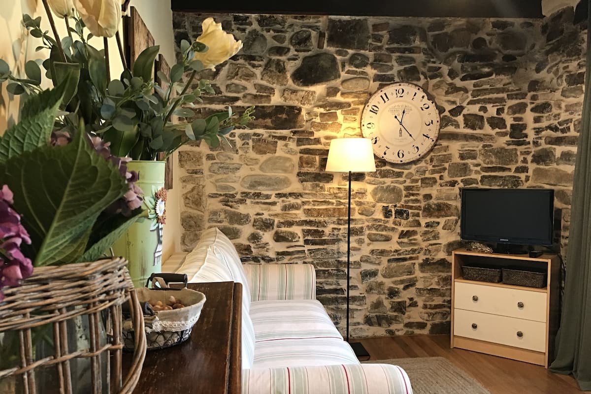 Una sala de estar acogedora con pared de piedra, un sofá, un televisor y una lámpara.