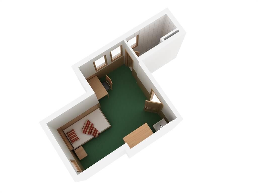 A 3D floor plan of a hotel room with a bed, a desk, a chair, a small table, and a window.