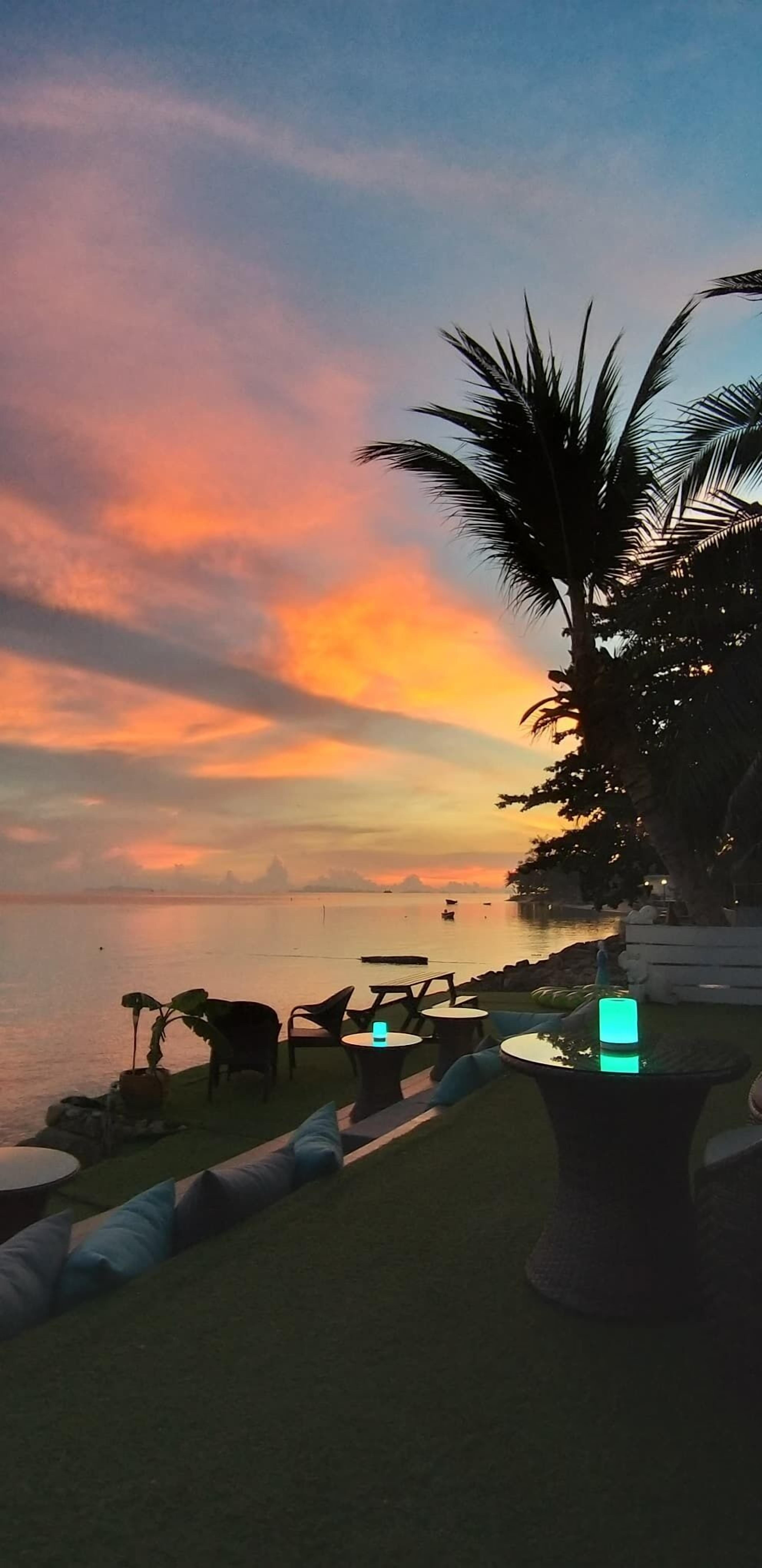 Vista al atardecer con mar tranquilo, mesas al aire libre y palmeras.