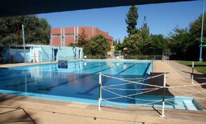 Outdoor pool, pool umbrellas, pool loungers