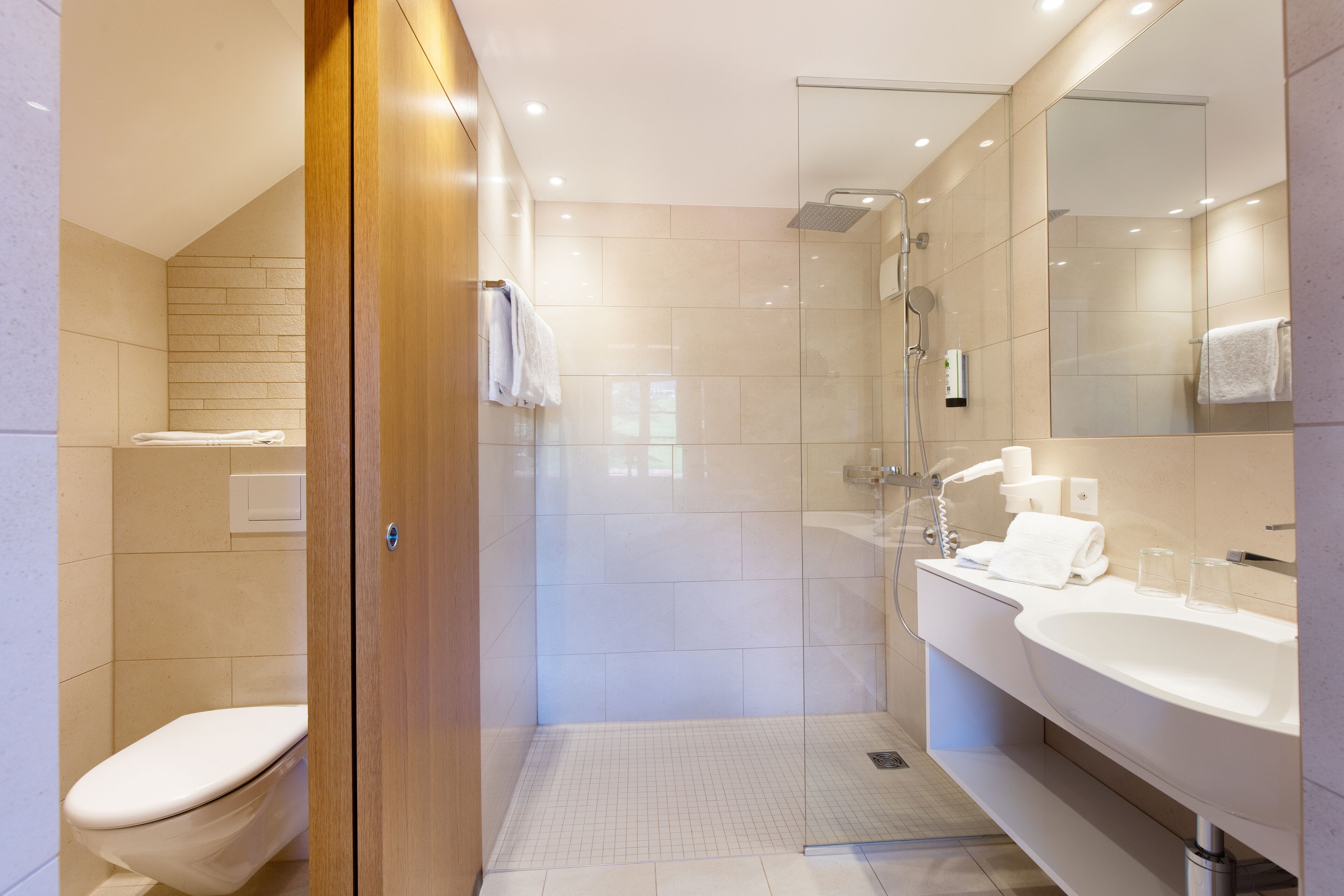 A modern bathroom with a glass-enclosed shower, a white toilet, and a large sink with a mirror above it.