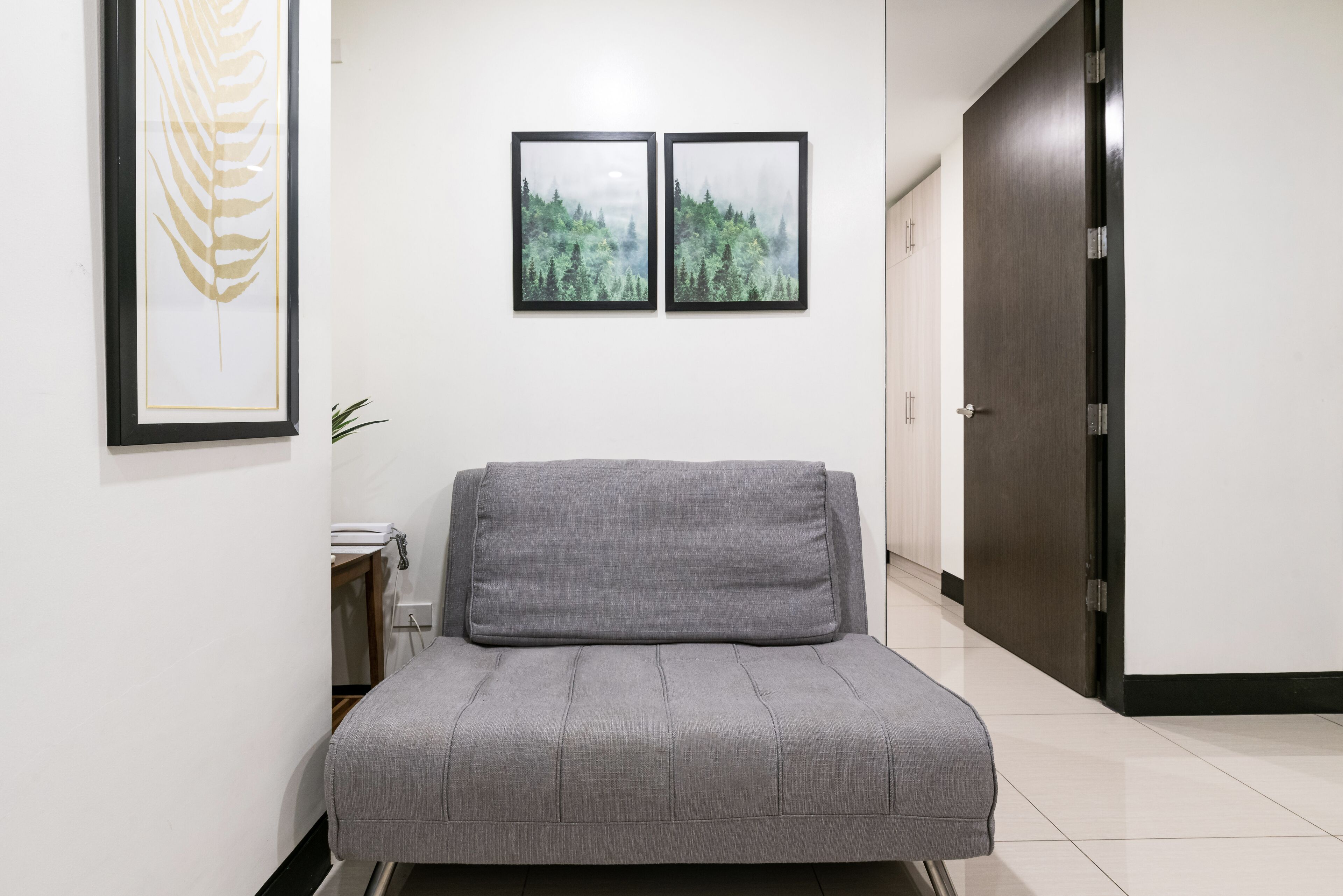 A grey sofa in a hallway with two framed pictures on the wall, a small table with a plant, and a dark wooden door.