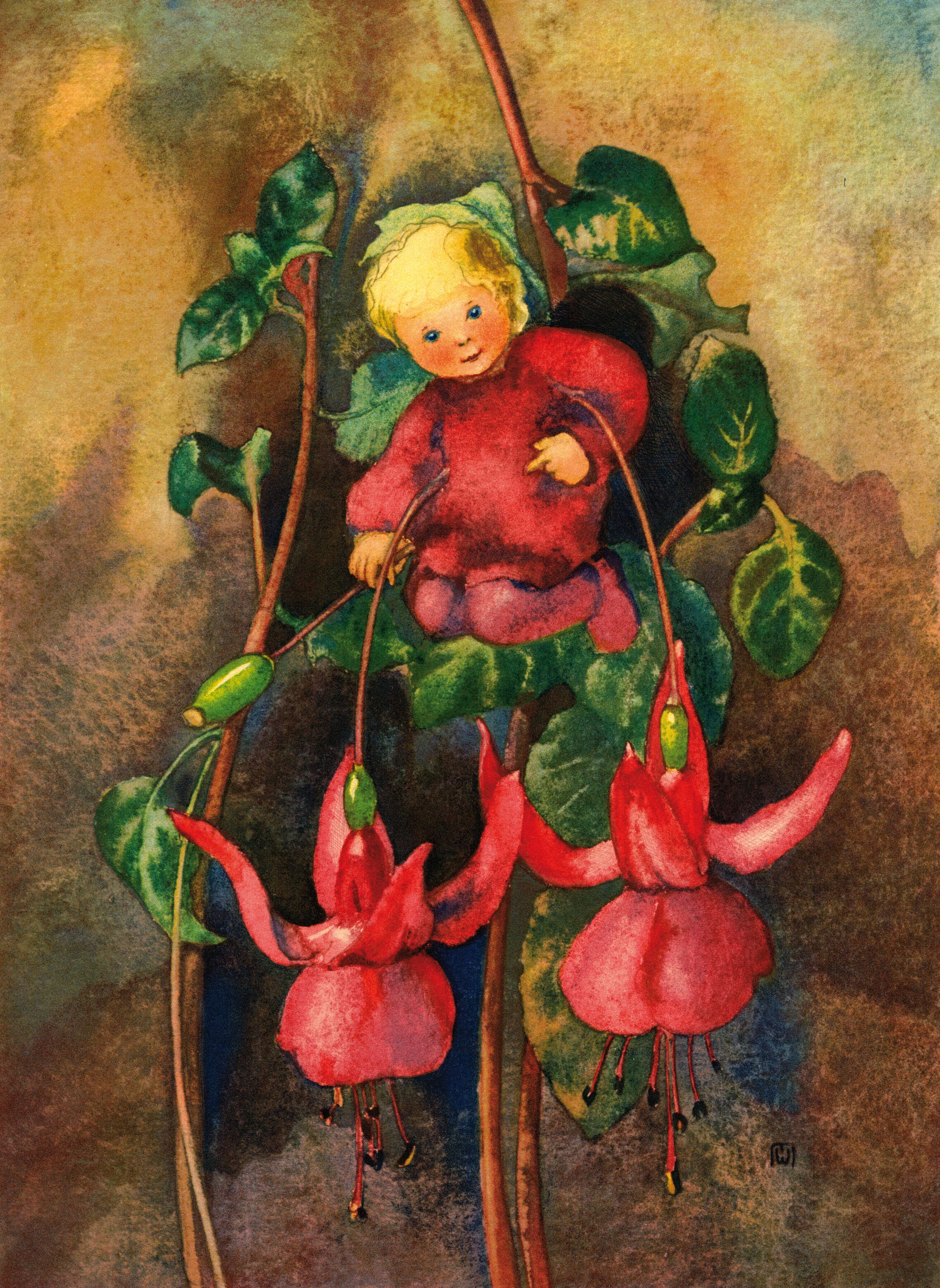 Un tableau représentant un enfant vêtu de rouge, en train de grimper sur une vigne ornée de fleurs rouges.