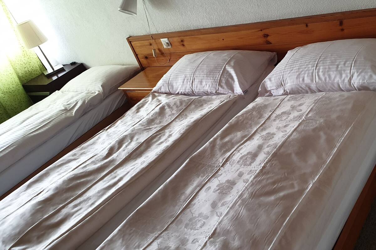 Una cama doble con cabecera de madera, dos mesitas de noche y una lámpara.