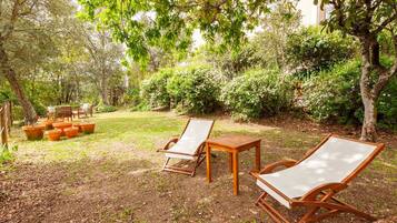 Um jardim com duas poltronas de madeira e uma mesa, cercado por árvores e vegetação.