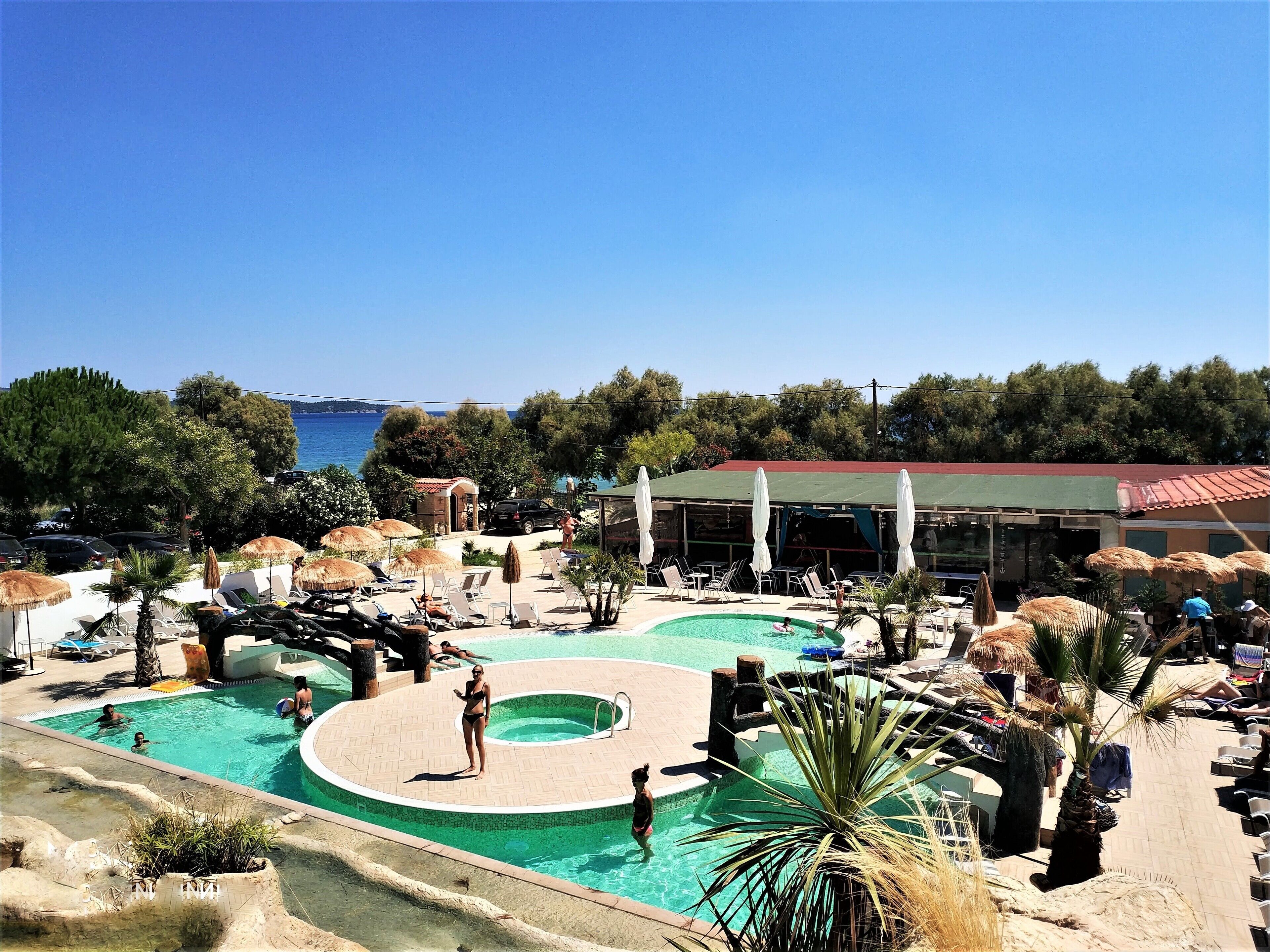 A pool area with lounge chairs and umbrellas, surrounded by trees and a view of the sea.