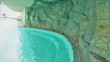 A swimming pool with clear water, surrounded by a rocky wall.
