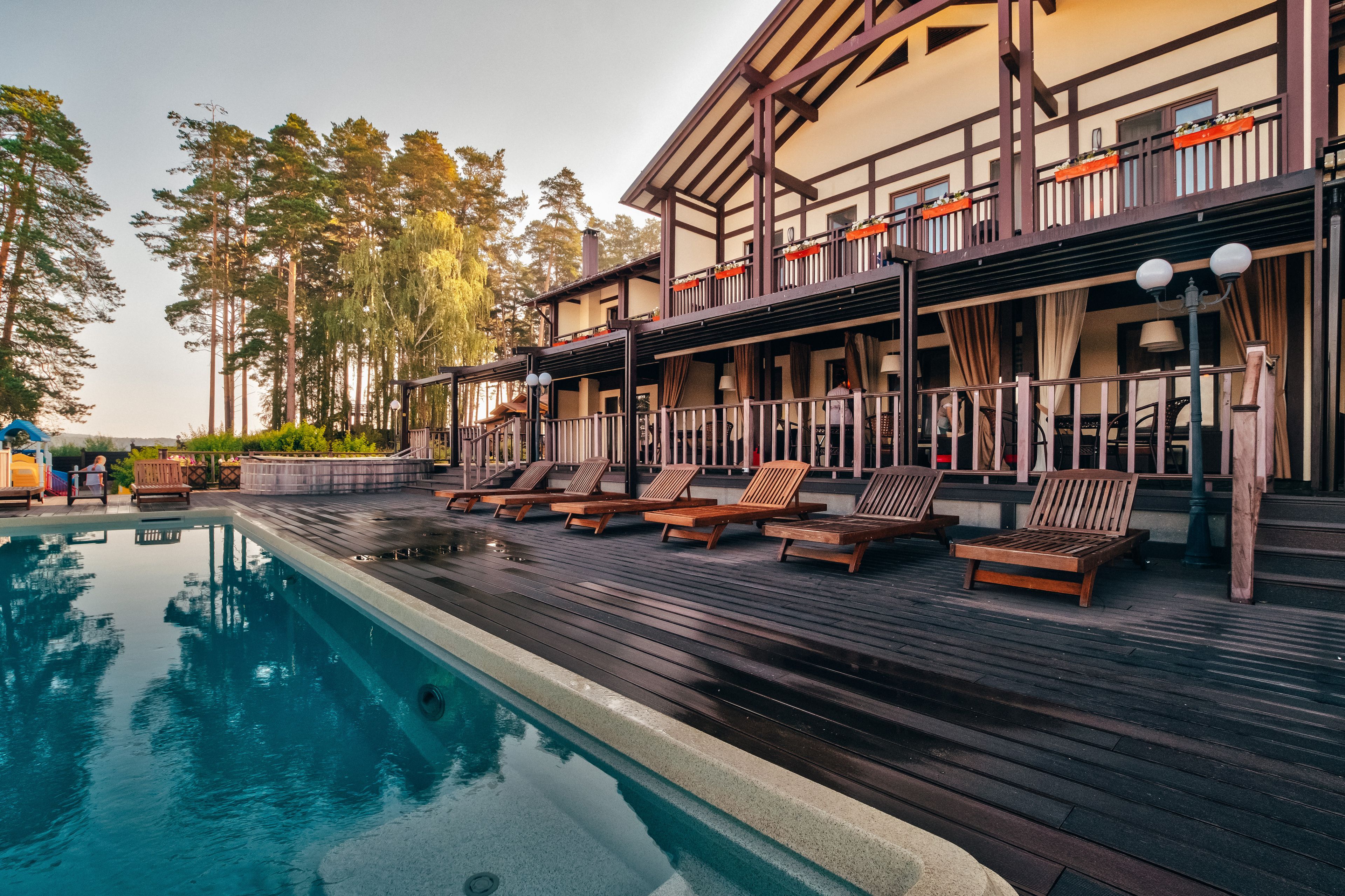 Outdoor pool, pool umbrellas, sun loungers